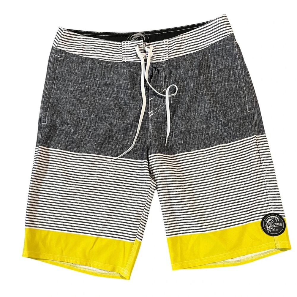 Y2k O'neill Board Shorts 28 x 10 Black Yellow Striped Beach Swim Surf Pac-Sun